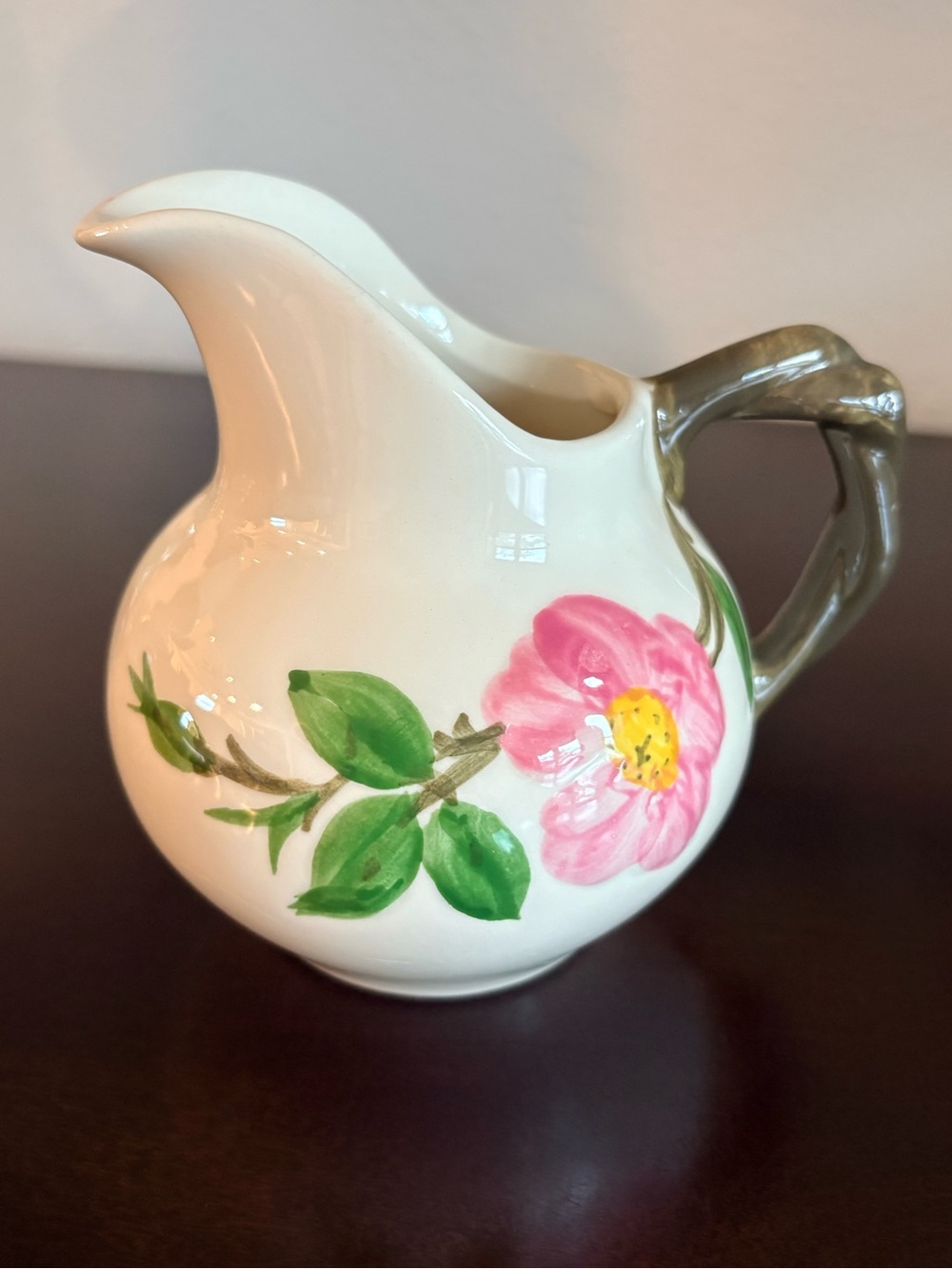 Franciscan Cream Ceramic Pitcher with Pink Floral and Green Leaves